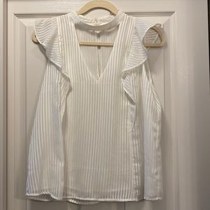 White blouse, Size L, fits a little small, white pin-stripe, cap sleeve ruffle